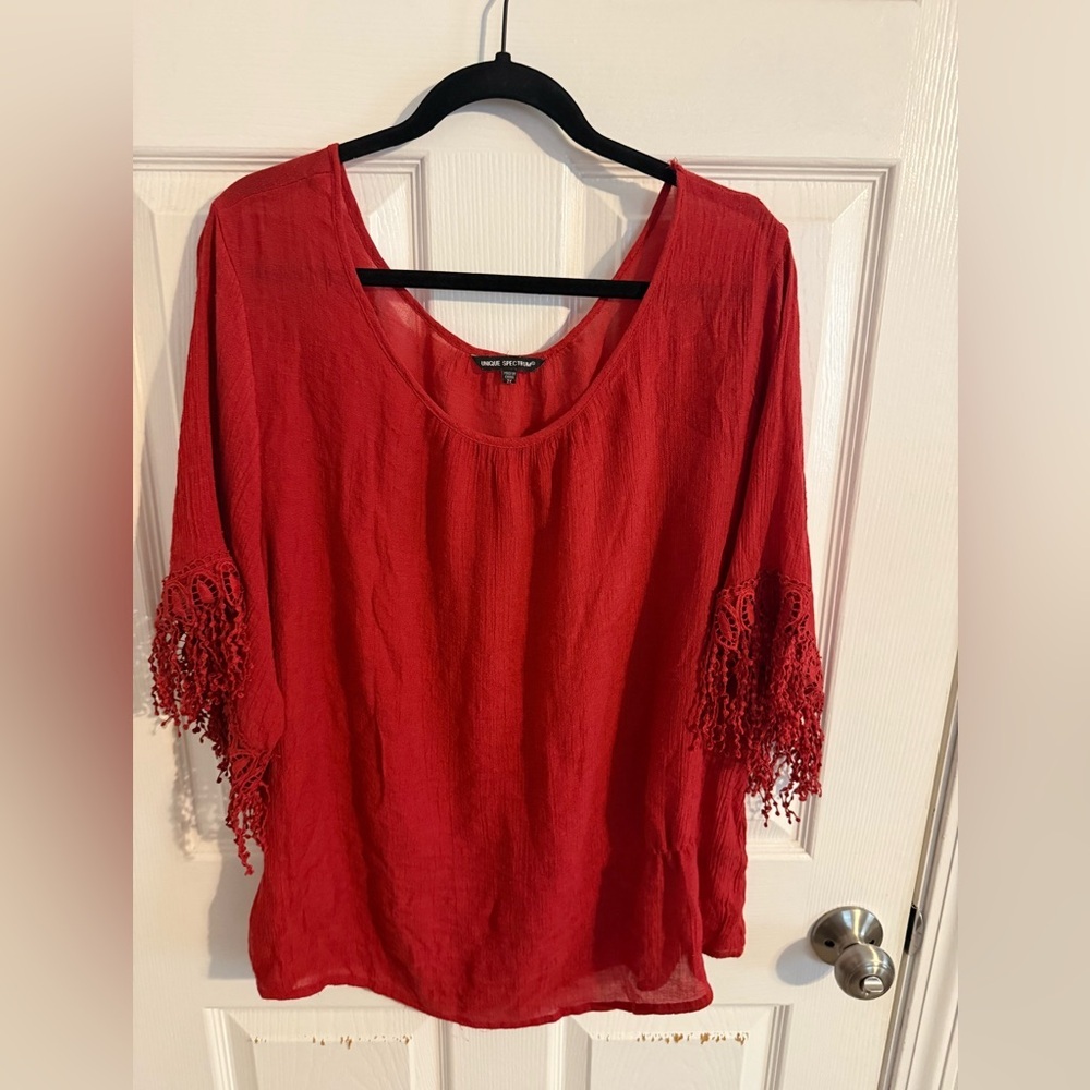 Unique Spectrum Red Fringe Sleeve Blouse